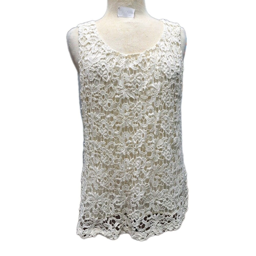 Lucky Brand Embroidered  Sleeveless Blouse Women's M Ivory White Cami Tank Tunic